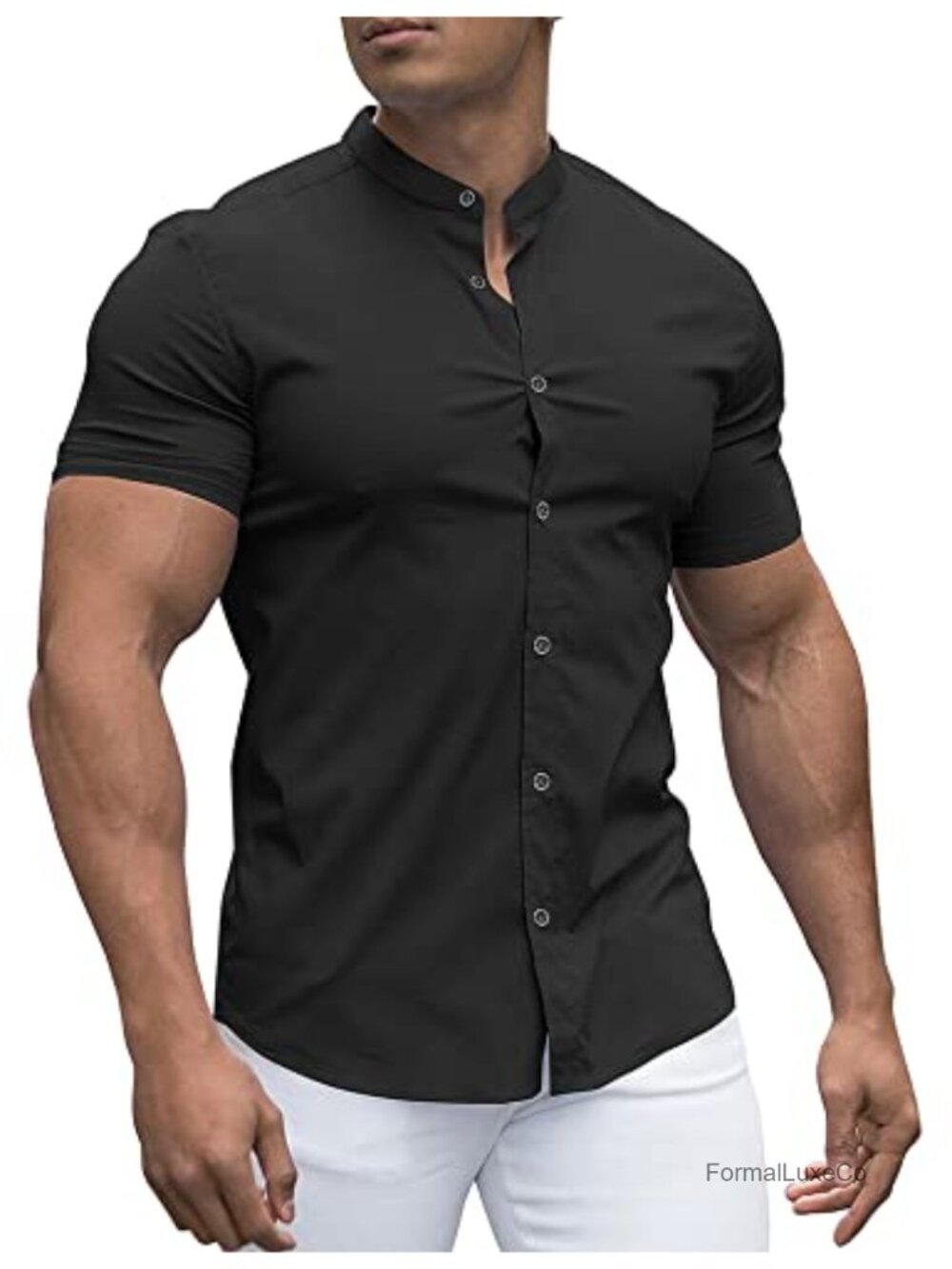 Men's Muscle Fit Stretch Short Sleeve Banded Collar Button Down Dress Shirt
